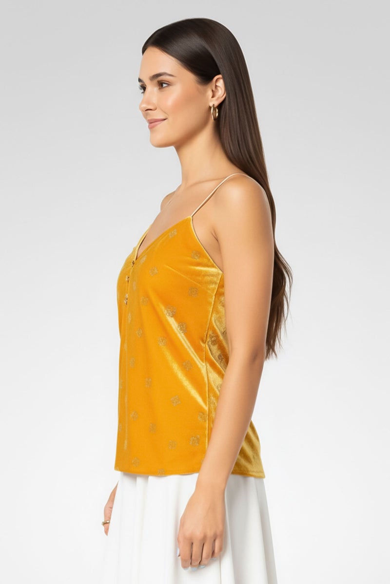 PINKO Women V Neck Sleeveless Metallic Tank Top, Mustard - Image 4